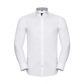Russell Collection Tailored Contrast Herringbone Shirt LS - White/Silver/Convoy Grey - 2XL