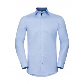 Russell Collection Tailored Contrast Herringbone Shirt LS - Light Blue/Mid Blue/Bright Navy - S