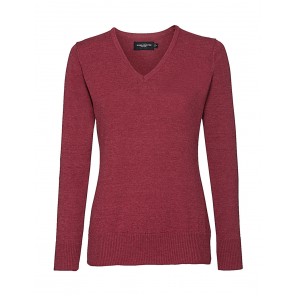 Russell Collection Ladies’ V-Neck Knitted Pullover - Cranberry Marl - 2XS