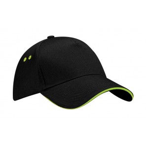 Beechfield Ultimate 5 Panel Cap - Sandwich Peak - Black/Lime Green - OneSize