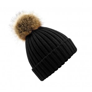 Beechfield Fur Pop Pom Chunky Beanie - Black - OneSize