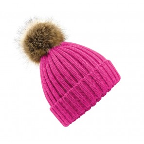 Beechfield Fur Pop Pom Chunky Beanie - Fuchsia - OneSize