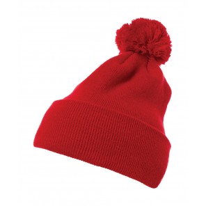 Flexfit Cuffed Pom Pom Knit Beanie - Red - ONE SIZE
