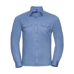 Russell Collection Men's Roll Sleeve Shirt LS - Blue - S