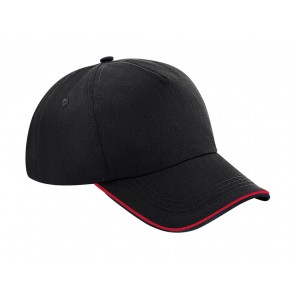 Beechfield Authentic 5 Panel Cap - Piped Peak - Black/Classic Red - OneSize