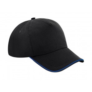 Beechfield Authentic 5 Panel Cap - Piped Peak - Black/Bright Royal - OneSize